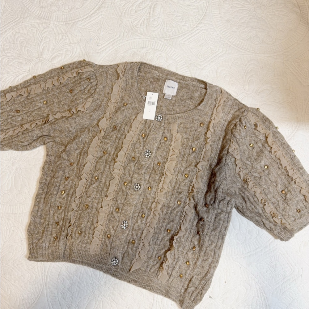 NWOT Anthropologie Maeve Sweater L, Tan, Gold, Lace, Gorgeous!